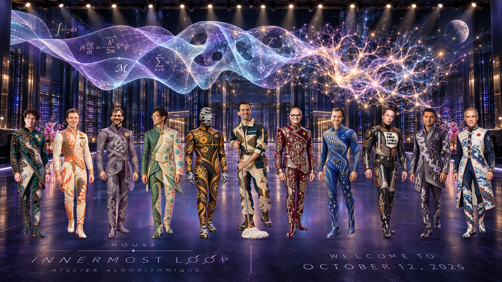 Eleven people in symbolic couture on a reflective runway, with Tom Brown and a mop at center. Pink orchids and photographers frame a data-center stage beneath a translucent mathematical ribbon, branching lights and a small Moon.