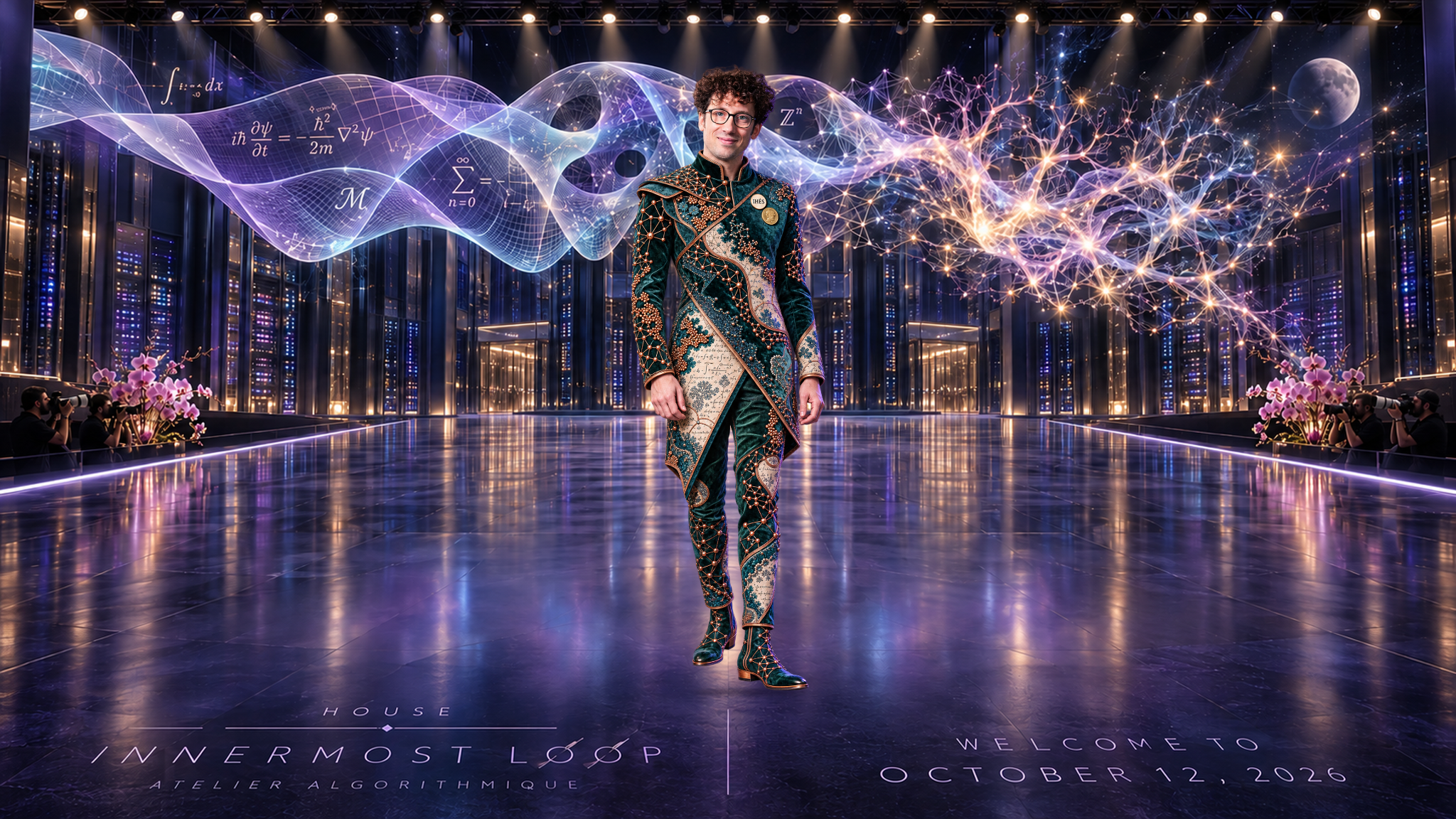 Hugo Duminil-Copin in an individual runway portrait. Deep emerald and petrol tailoring with copper networks and pale mathematical manuscript panels. Pink orchids and photographers frame a data-center stage beneath a translucent mathematical ribbon, branching lights and a small Moon.