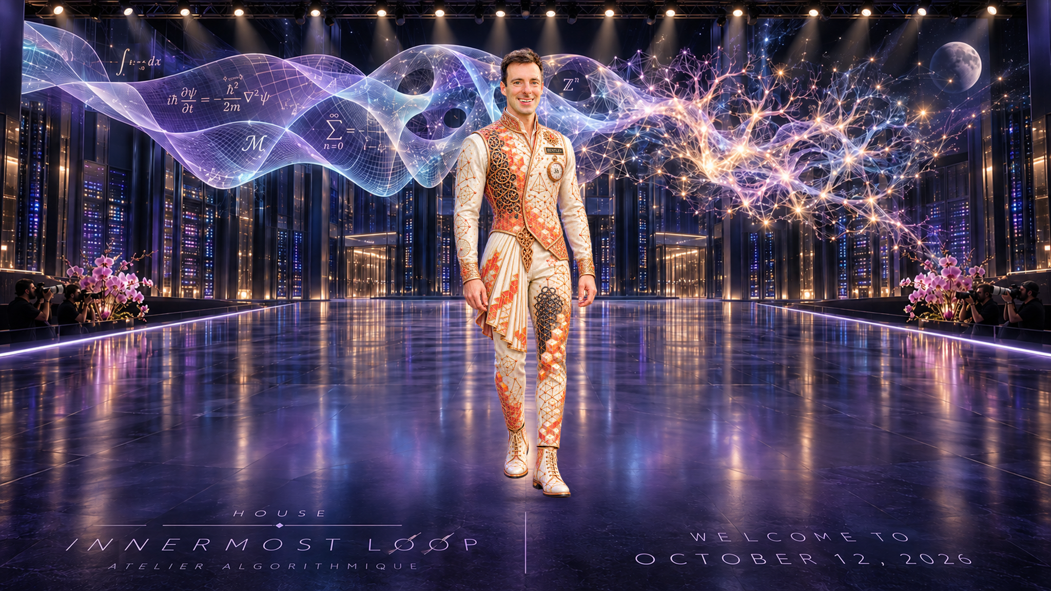 Noah Giansiracusa in an individual runway portrait. Ivory, coral and gold waistcoat, geometric ornaments, pleated panel and three-hour emblem. Pink orchids and photographers frame a data-center stage beneath a translucent mathematical ribbon, branching lights and a small Moon.