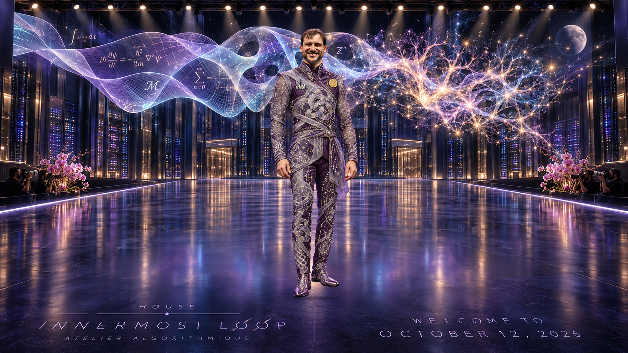Jacob Tsimerman in an individual runway portrait. Purple, charcoal and silver layers with interlocking loops and translucent-looking panels. Pink orchids and photographers frame a data-center stage beneath a translucent mathematical ribbon, branching lights and a small Moon.