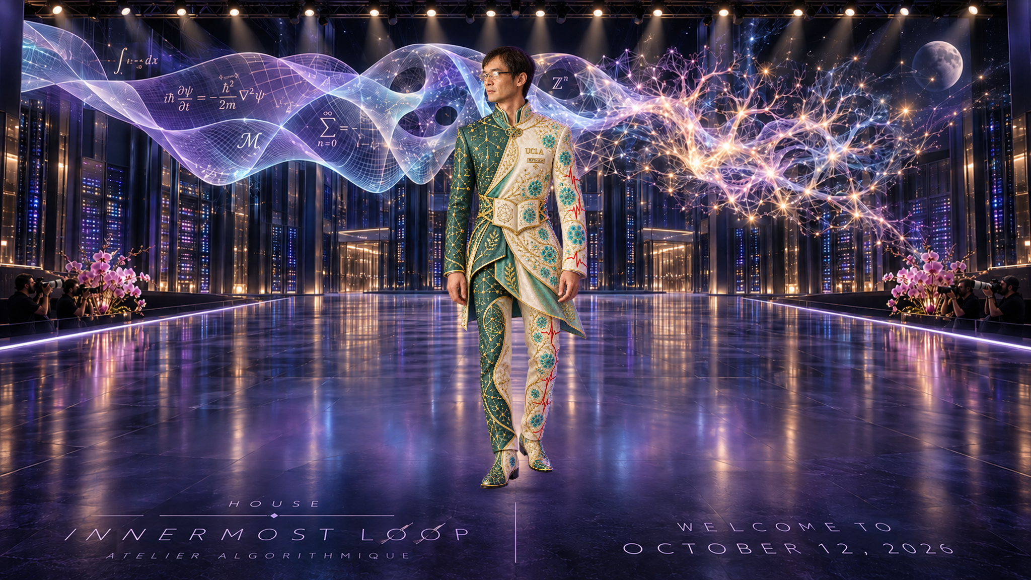 Terence Tao in an individual runway portrait. Green-and-ivory wrap with gold geometry, cellular rosettes and a red pulse line. Pink orchids and photographers frame a data-center stage beneath a translucent mathematical ribbon, branching lights and a small Moon.