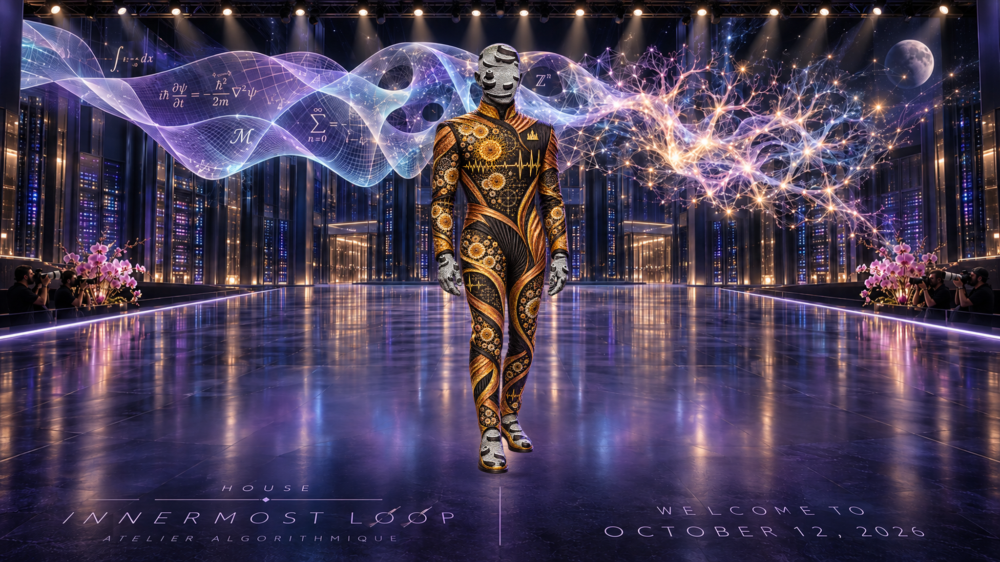 Andrew Curran in an individual runway portrait. Black-and-gold narrow silhouette with sculpted grayscale avatar head and hands and a heartbeat across the chest. Pink orchids and photographers frame a data-center stage beneath a translucent mathematical ribbon, branching lights and a small Moon.