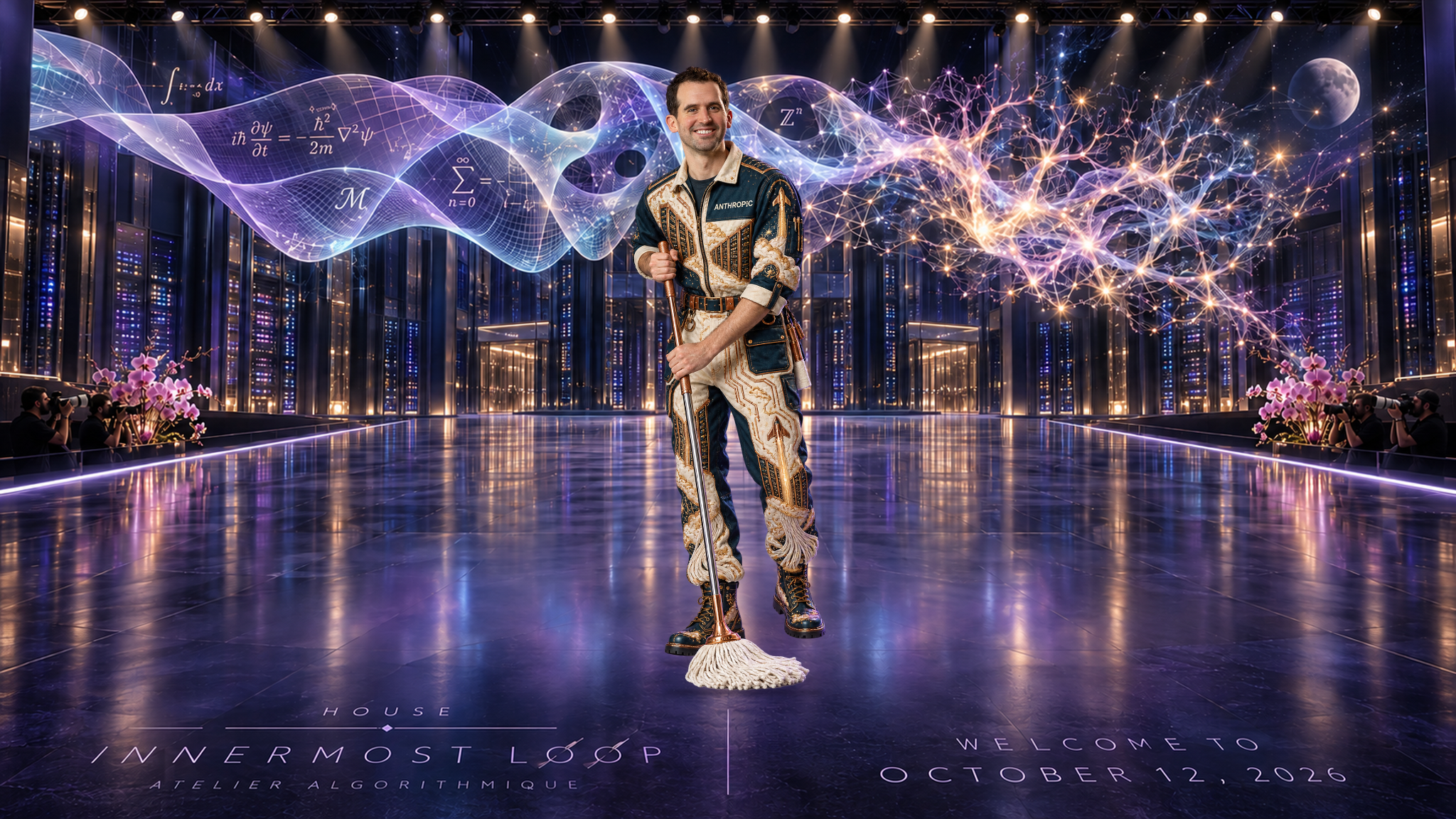 Tom Brown in an individual runway portrait. Midnight-teal, cream and copper Anthropic workwear, server embroidery, knee tassels and a mop. Pink orchids and photographers frame a data-center stage beneath a translucent mathematical ribbon, branching lights and a small Moon.