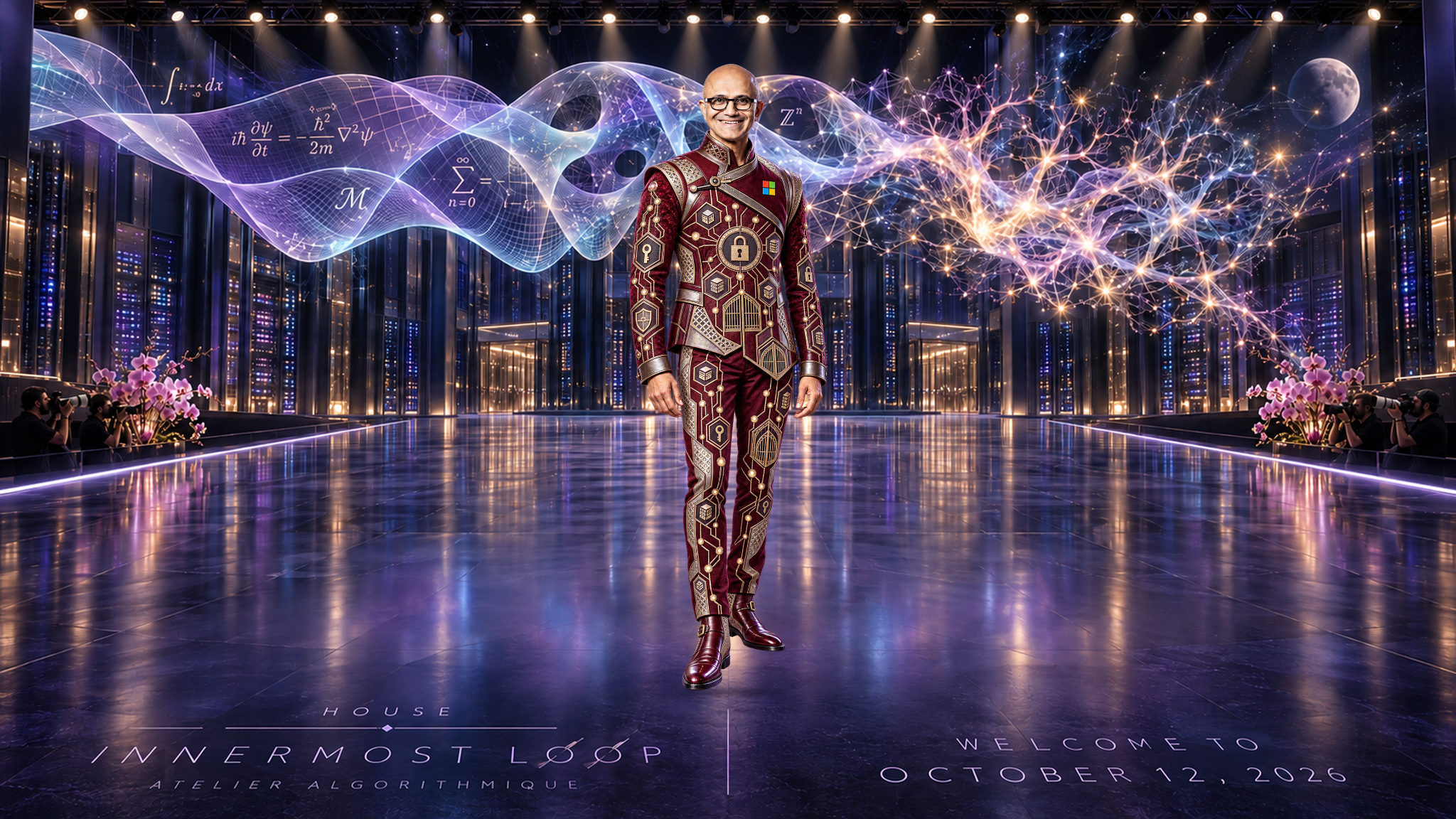 Satya Nadella in an individual runway portrait. Burgundy and oxblood suit with Microsoft squares, locks, keyholes and separated compartments. Pink orchids and photographers frame a data-center stage beneath a translucent mathematical ribbon, branching lights and a small Moon.