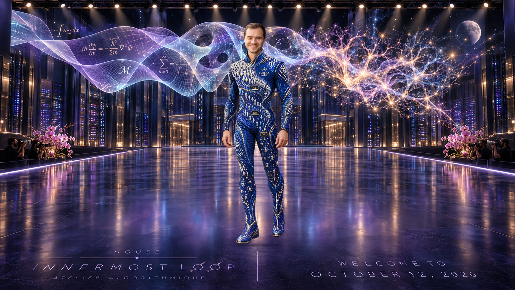 Andrej Karpathy in an individual runway portrait. Sapphire and cobalt outfit with tiny people, flowing gold paths and three population plaques. Pink orchids and photographers frame a data-center stage beneath a translucent mathematical ribbon, branching lights and a small Moon.