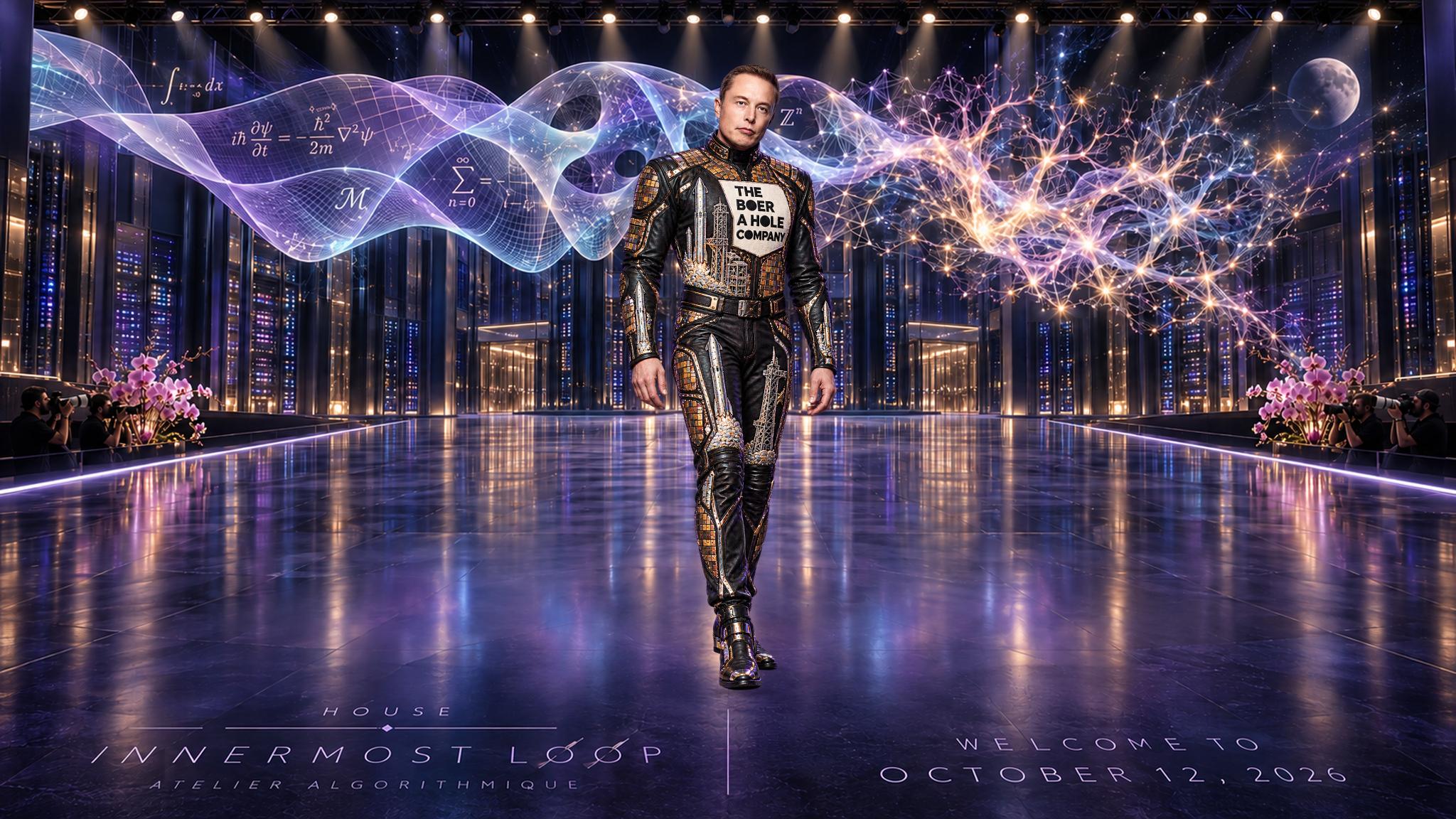 Elon Musk in an individual runway portrait. Black technical suit with copper chip mosaics, silver rockets and The Boer A Hole Company parody patch. Pink orchids and photographers frame a data-center stage beneath a translucent mathematical ribbon, branching lights and a small Moon.