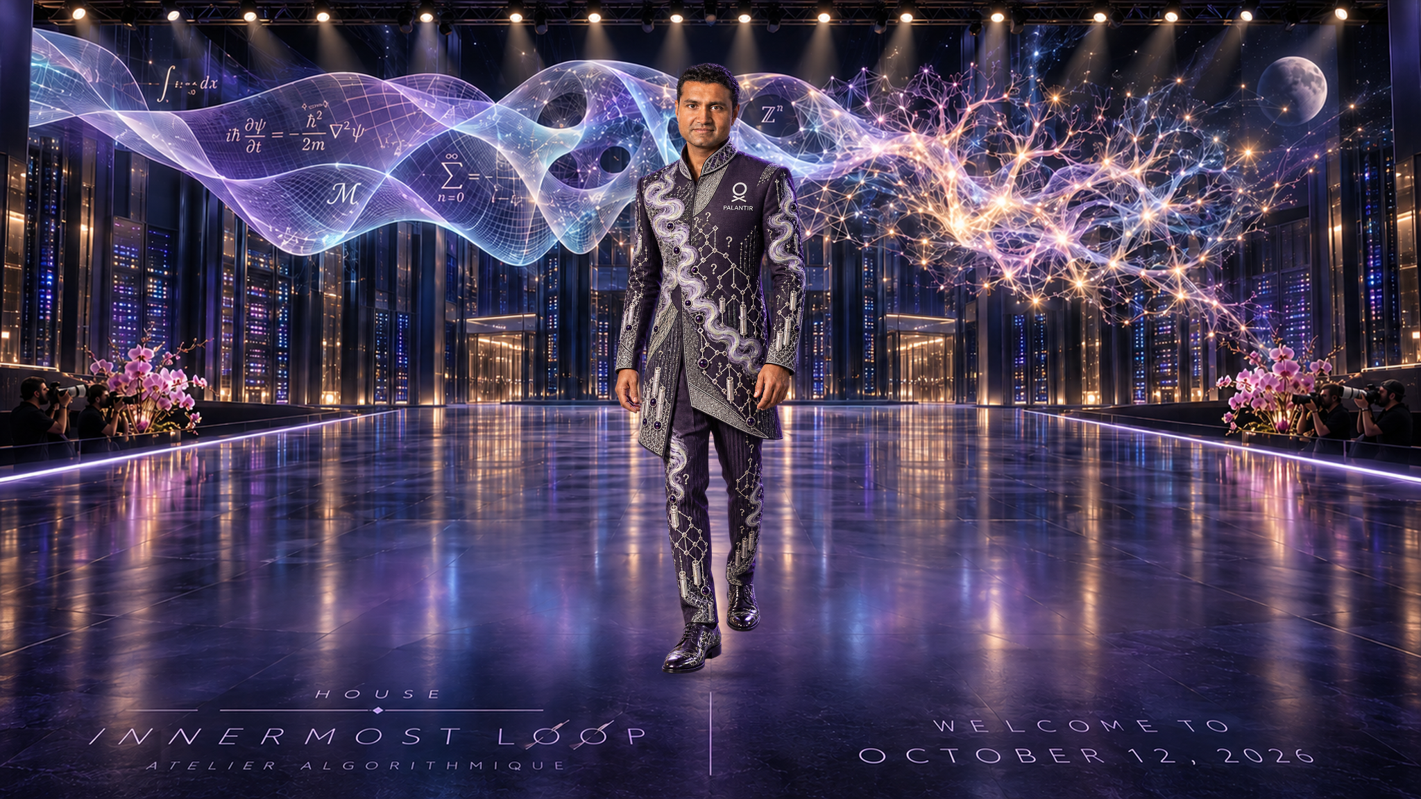 Shyam Sankar in an individual runway portrait. Purple and charcoal tailoring with silver smoke-like curves, question marks and Palantir identity. Pink orchids and photographers frame a data-center stage beneath a translucent mathematical ribbon, branching lights and a small Moon.