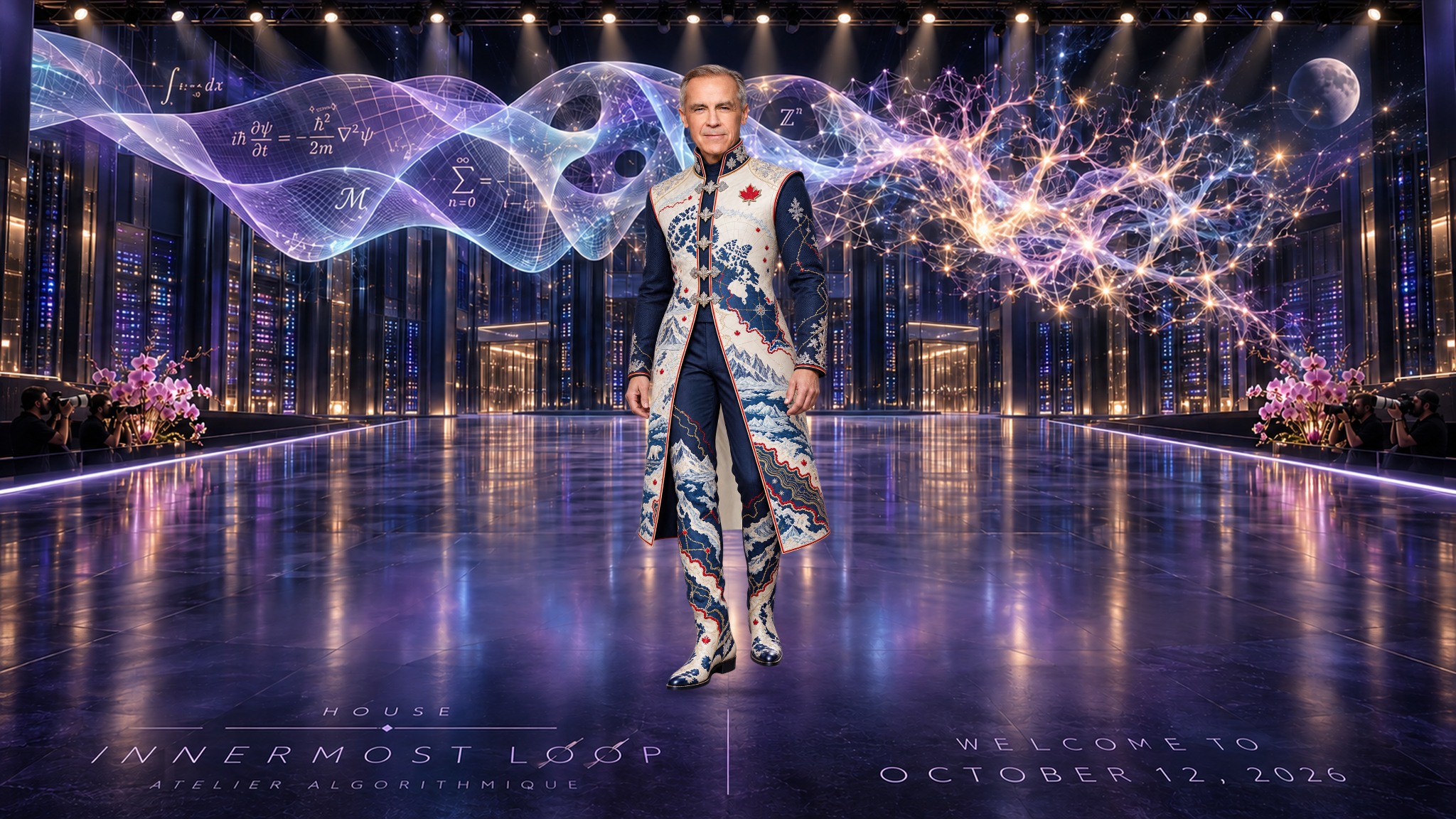 Mark Carney in an individual runway portrait. Ivory vest over navy, maple-leaf clasps, cartographic lines, northern landscapes and polar wildlife. Pink orchids and photographers frame a data-center stage beneath a translucent mathematical ribbon, branching lights and a small Moon.
